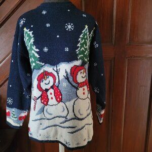 Vintage 90s Rose USA Snowman Christmas Sweater Medium Blue Festive Pullover